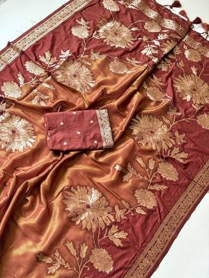 Brown Color Designer Pallu With Shine Elegant Tassel Fumka Hand Made Khaddi Crepe Georgette Saree 4