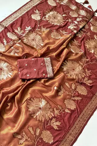 Brown Color Designer Pallu With Shine Elegant Tassel Fumka Hand Made Khaddi Crepe Georgette Saree