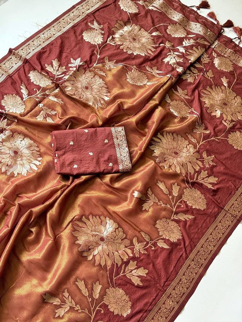 Brown Color Designer Pallu With Shine Elegant Tassel Fumka Hand Made Khaddi Crepe Georgette Saree