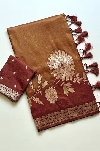 Brown Color Designer Pallu With Shine Elegant Tassel Fumka Hand Made Khaddi Crepe Georgette Saree