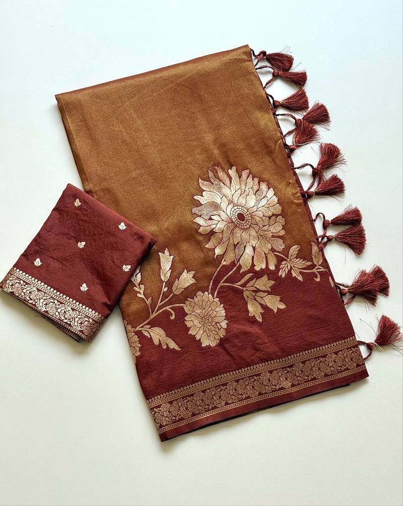 Brown Color Designer Pallu With Shine Elegant Tassel Fumka Hand Made Khaddi Crepe Georgette Saree
