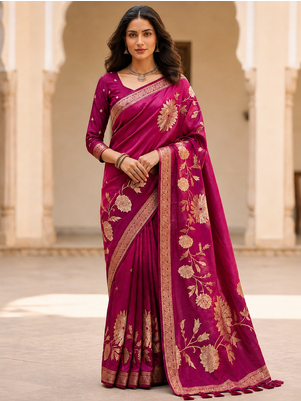 Magenta Color Designer Pallu With Shine Elegant Tassel Fumka Hand Made Khaddi Crepe Georgette Saree 1