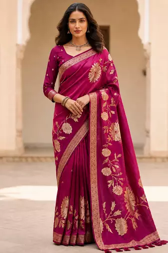 Magenta Color Designer Pallu With Shine Elegant Tassel Fumka Hand Made Khaddi Crepe Georgette Saree