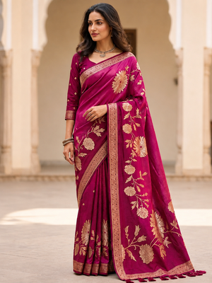 Magenta Color Designer Pallu With Shine Elegant Tassel Fumka Hand Made Khaddi Crepe Georgette Saree 2