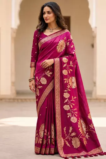 Magenta Color Designer Pallu With Shine Elegant Tassel Fumka Hand Made Khaddi Crepe Georgette Saree