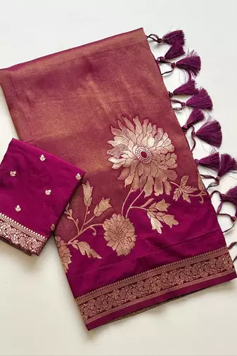 Magenta Color Designer Pallu With Shine Elegant Tassel Fumka Hand Made Khaddi Crepe Georgette Saree