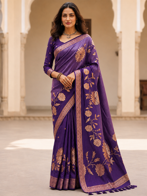 Purple Color Designer Pallu With Shine Elegant Tassel Fumka Hand Made Khaddi Crepe Georgette Saree 1