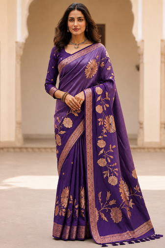 Purple Color Designer Pallu With Shine Elegant Tassel Fumka Hand Made Khaddi Crepe georgettete Saree