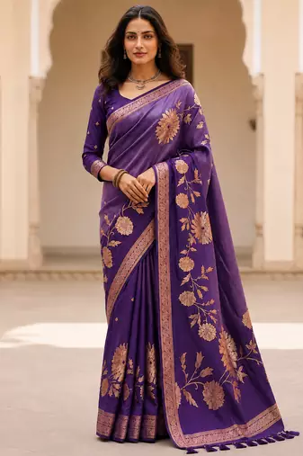 Purple Color Designer Pallu With Shine Elegant Tassel Fumka Hand Made Khaddi Crepe Georgette Saree