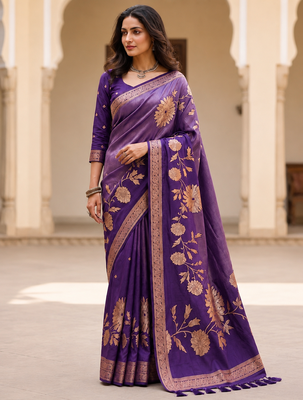 Purple Color Designer Pallu With Shine Elegant Tassel Fumka Hand Made Khaddi Crepe Georgette Saree 2