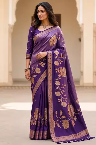 Purple Color Designer Pallu With Shine Elegant Tassel Fumka Hand Made Khaddi Crepe Georgette Saree