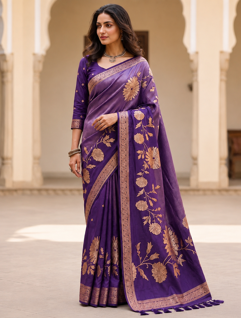 Purple Color Designer Pallu With Shine Elegant Tassel Fumka Hand Made Khaddi Crepe Georgette Saree