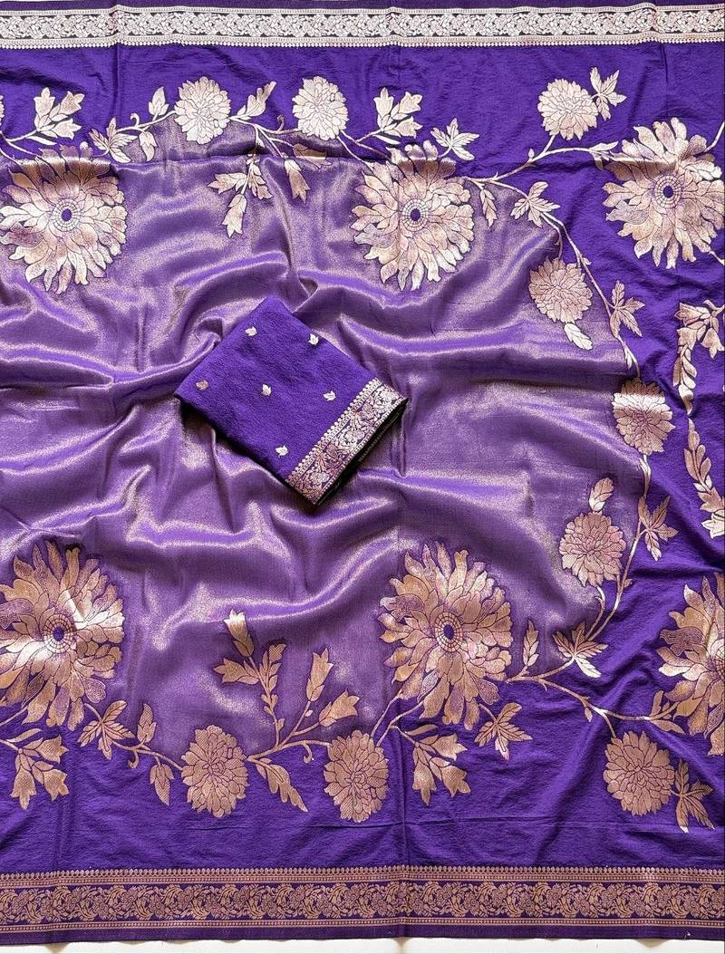 Purple Color Designer Pallu With Shine Elegant Tassel Fumka Hand Made Khaddi Crepe Georgette Saree