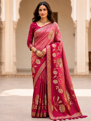 Rani Pink Color Designer Pallu With Shine Elegant Tassel Fumka Hand Made Khaddi Crepe Georgette Saree 1