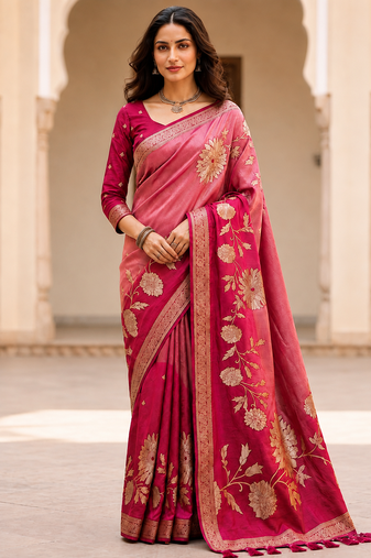 Rani Pink Color Designer Pallu With Shine Elegant Tassel Fumka Hand Made Khaddi Crepe georgettete Saree