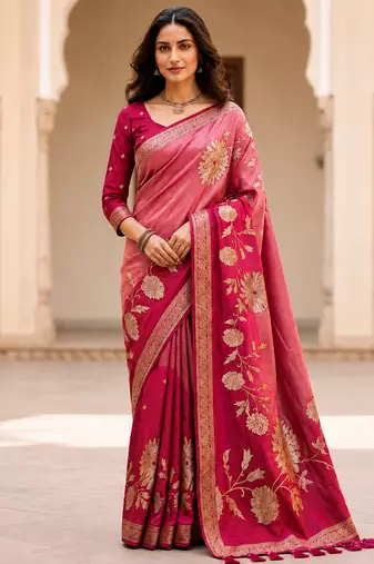 Rani Pink Color Designer Pallu With Shine Elegant Tassel Fumka Hand Made Khaddi Crepe Georgette Saree