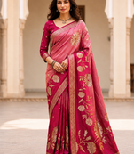 Rani Pink Color Designer Pallu With Shine Elegant Tassel Fumka Hand Made Khaddi Crepe Georgette Saree
