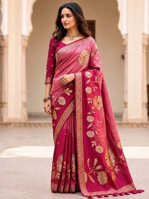 Rani Pink Color Designer Pallu With Shine Elegant Tassel Fumka Hand Made Khaddi Crepe Georgette Saree 2