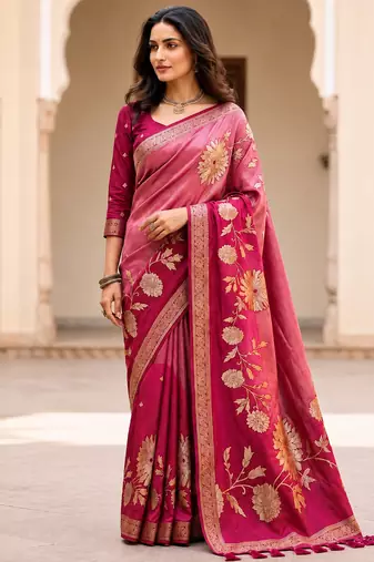 Rani Pink Color Designer Pallu With Shine Elegant Tassel Fumka Hand Made Khaddi Crepe Georgette Saree