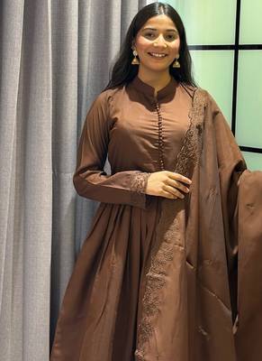 coffee color arco lace border roman silk blend gown set 2