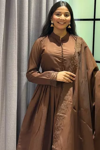coffee color arco lace border roman silk blend gown set
