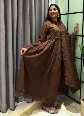 coffee color arco lace border roman silk blend gown set 3