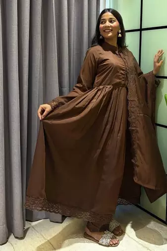 coffee color arco lace border roman silk blend gown set
