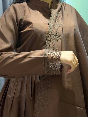 coffee color arco lace border roman silk blend gown set 4