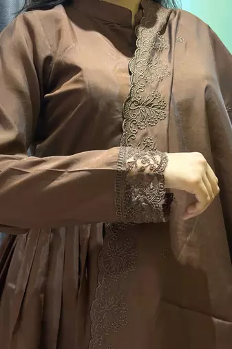 coffee color arco lace border roman silk blend gown set