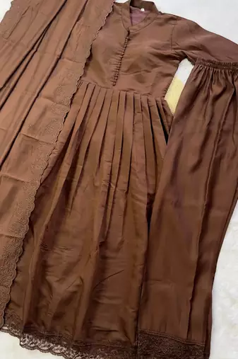 coffee color arco lace border roman silk blend gown set