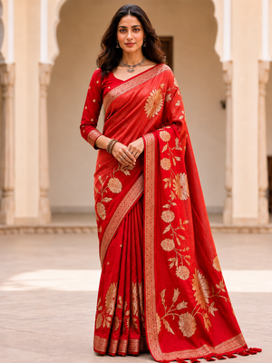 Red Color Designer Pallu With Shine Elegant Tassel Fumka Hand Made Khaddi Crepe Georgette Saree 1