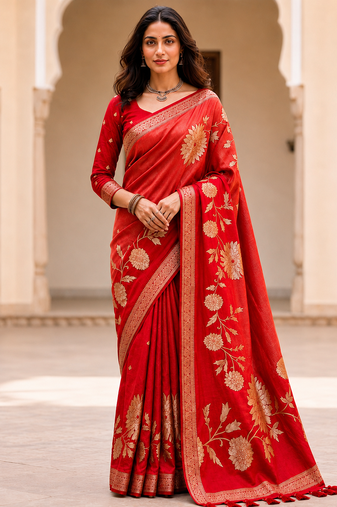 Red Color Designer Pallu With Shine Elegant Tassel Fumka Hand Made Khaddi Crepe georgettete Saree