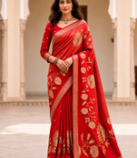 Red Color Designer Pallu With Shine Elegant Tassel Fumka Hand Made Khaddi Crepe Georgette Saree