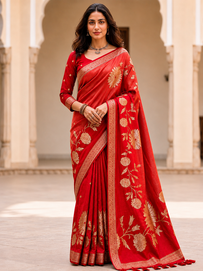 Red Color Designer Pallu With Shine Elegant Tassel Fumka Hand Made Khaddi Crepe Georgette Saree