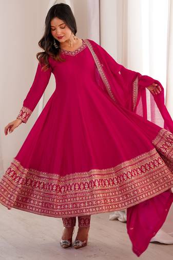 Rani pink embroidered pure blooming vichitra silk flared anarkali suit set with dupatta & pant