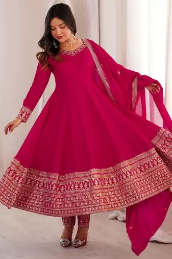 Rani pink embroidered pure blooming vichitra silk flared anarkali suit set with dupatta & pant