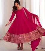 Rani pink embroidered pure blooming vichitra silk flared anarkali suit set with dupatta & pant