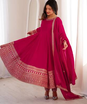 Rani pink embroidered pure blooming vichitra silk flared anarkali suit set with dupatta & pant 2