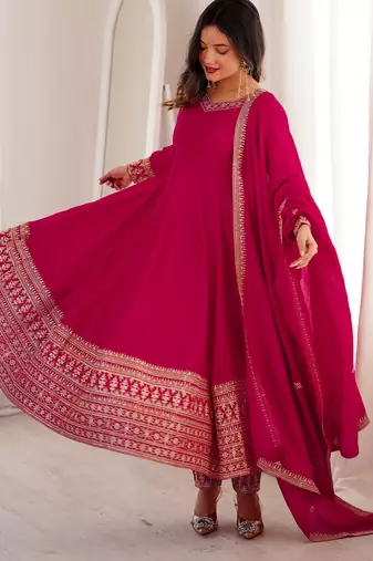 Rani pink embroidered pure blooming vichitra silk flared anarkali suit set with dupatta & pant