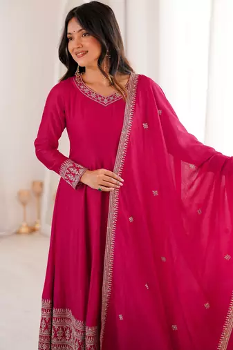 Rani pink embroidered pure blooming vichitra silk flared anarkali suit set with dupatta & pant