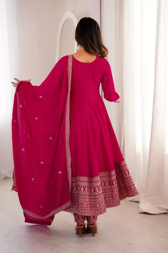Rani pink embroidered pure blooming vichitra silk flared anarkali suit set with dupatta & pant