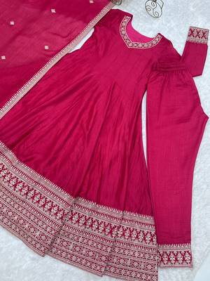 Rani pink embroidered pure blooming vichitra silk flared anarkali suit set with dupatta & pant 5