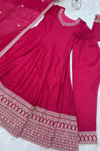 Rani pink embroidered pure blooming vichitra silk flared anarkali suit set with dupatta & pant