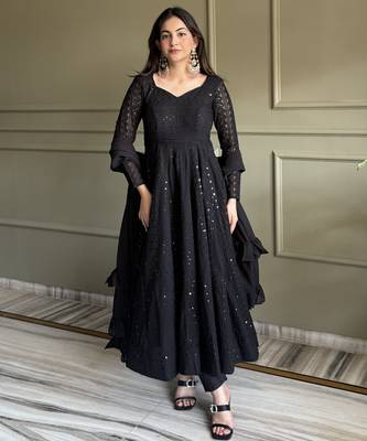 Black lucknowi thread & sequence work soft fox georgette flared anarkali suit set with dupatta 1