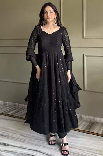 Black lucknowi thread & sequence work soft fox georgette flared anarkali suit set with dupatta