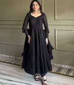 Black lucknowi thread & sequence work soft fox georgette flared anarkali suit set with dupatta