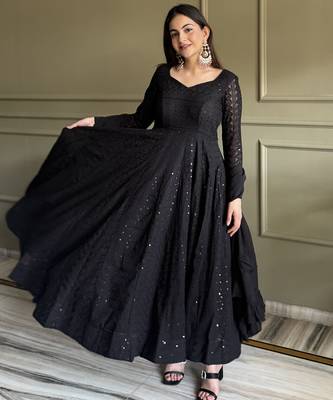 Black lucknowi thread & sequence work soft fox georgette flared anarkali suit set with dupatta 2