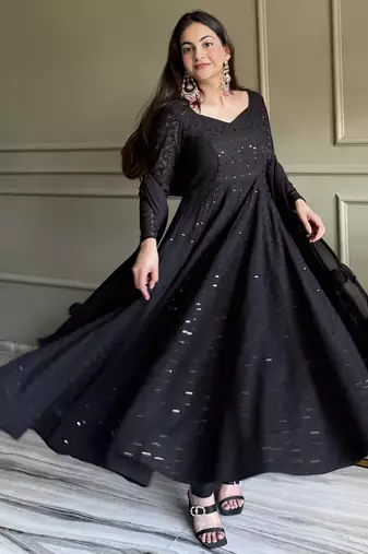 Black lucknowi thread & sequence work soft fox georgette flared anarkali suit set with dupatta