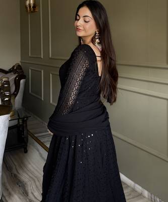 Black lucknowi thread & sequence work soft fox georgette flared anarkali suit set with dupatta 4