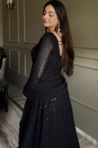 Black lucknowi thread & sequence work soft fox georgette flared anarkali suit set with dupatta